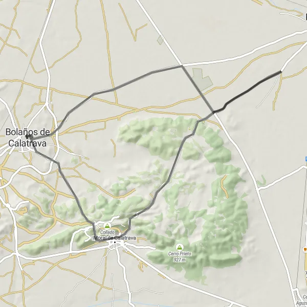 Miniatura mapy "Rozkładowa trasa rowerowa wokół Bolaños de Calatrava (szosa)" - trasy rowerowej w Castilla-La Mancha, Spain. Wygenerowane przez planer tras rowerowych Tarmacs.app