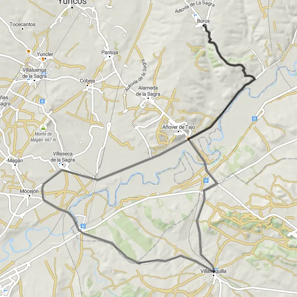 Map miniature of "Scenic Road Cycling in Borox and Añover de Taco" cycling inspiration in Castilla-La Mancha, Spain. Generated by Tarmacs.app cycling route planner