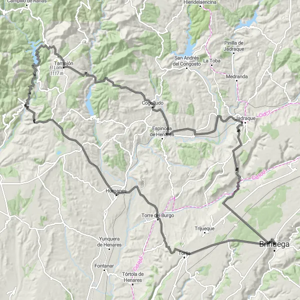 Map miniature of "The Brihuega Circuit" cycling inspiration in Castilla-La Mancha, Spain. Generated by Tarmacs.app cycling route planner