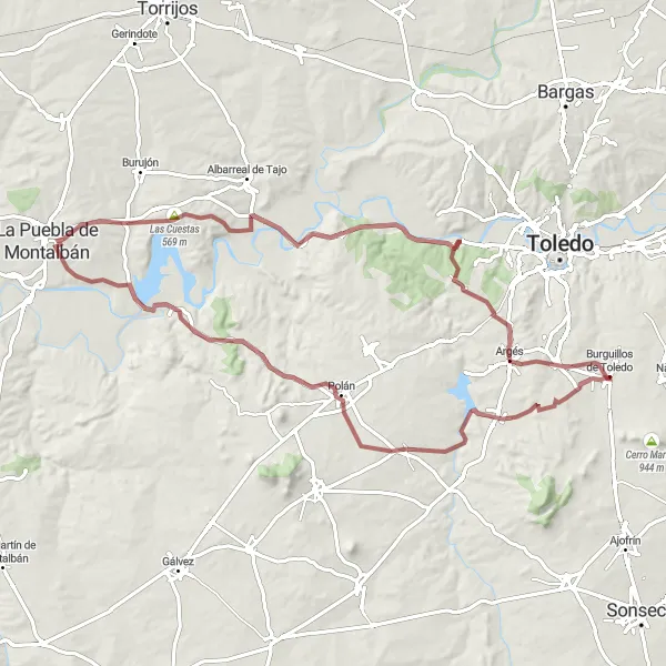 Map miniature of "Gravel Adventure to Burguillos de Toledo" cycling inspiration in Castilla-La Mancha, Spain. Generated by Tarmacs.app cycling route planner