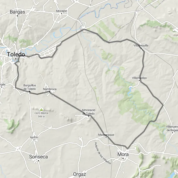 Miniatura mapy "Długa i ekscytująca wyprawa szosowa z Burguillos de Toledo" - trasy rowerowej w Castilla-La Mancha, Spain. Wygenerowane przez planer tras rowerowych Tarmacs.app