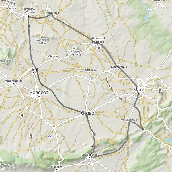 Miniatuurkaart van de fietsinspiratie "Toledo en rond: kronkelige wegen en historische attracties" in Castilla-La Mancha, Spain. Gemaakt door de Tarmacs.app fietsrouteplanner