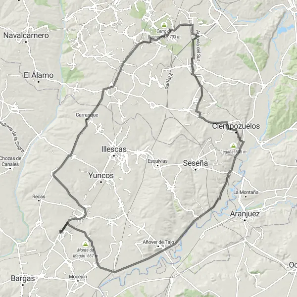 Miniatua del mapa de inspiración ciclista "Ruta de los Pueblos de la Sagra" en Castilla-La Mancha, Spain. Generado por Tarmacs.app planificador de rutas ciclistas