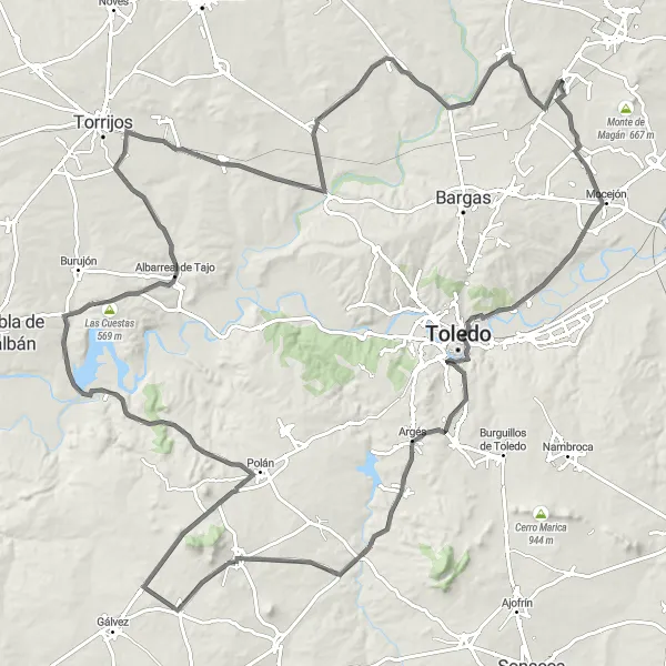 Miniatua del mapa de inspiración ciclista "Aventura por la Carretera a Noez y Layos" en Castilla-La Mancha, Spain. Generado por Tarmacs.app planificador de rutas ciclistas