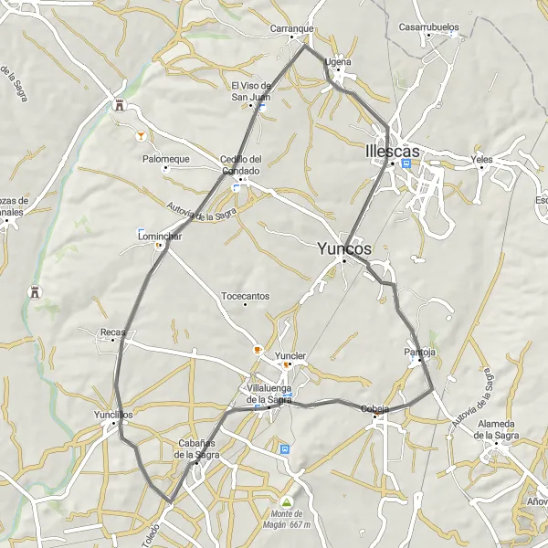 Miniatuurkaart van de fietsinspiratie "Korte fietstocht door het Spaanse platteland" in Castilla-La Mancha, Spain. Gemaakt door de Tarmacs.app fietsrouteplanner