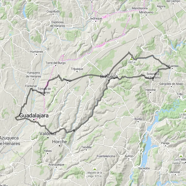 Map miniature of "Legendary Road Cycling Tour through Fontanar, Ciruelas, Yela, and Balcón del Tajuña" cycling inspiration in Castilla-La Mancha, Spain. Generated by Tarmacs.app cycling route planner