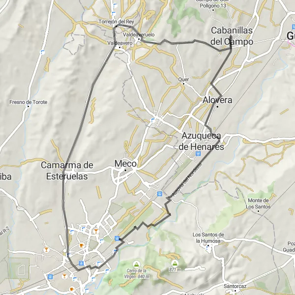 Map miniature of "Scenic Road Cycling Ride to Alovera, Camarma de Esteruelas, and Torrejón del Rey" cycling inspiration in Castilla-La Mancha, Spain. Generated by Tarmacs.app cycling route planner