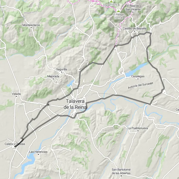 Map miniature of "Road Cycling Tour: Explore Calera y Chozas and Beyond" cycling inspiration in Castilla-La Mancha, Spain. Generated by Tarmacs.app cycling route planner