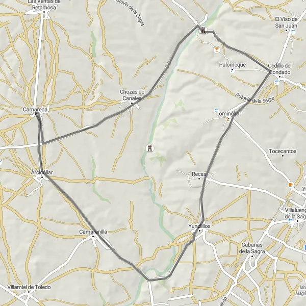 Map miniature of "Road Adventure: Chozas de Canales Loop" cycling inspiration in Castilla-La Mancha, Spain. Generated by Tarmacs.app cycling route planner