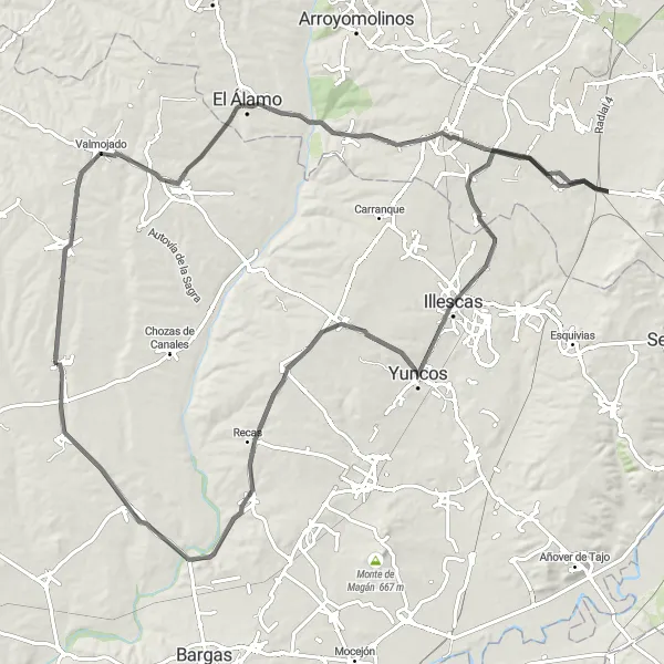 Miniatura mapy "Przejażdżka z Las Ventas de Retamosa do Arcicóllar" - trasy rowerowej w Castilla-La Mancha, Spain. Wygenerowane przez planer tras rowerowych Tarmacs.app