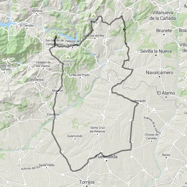 Miniatura mapy "Trasa przez Almorox i Villamantilla" - trasy rowerowej w Castilla-La Mancha, Spain. Wygenerowane przez planer tras rowerowych Tarmacs.app