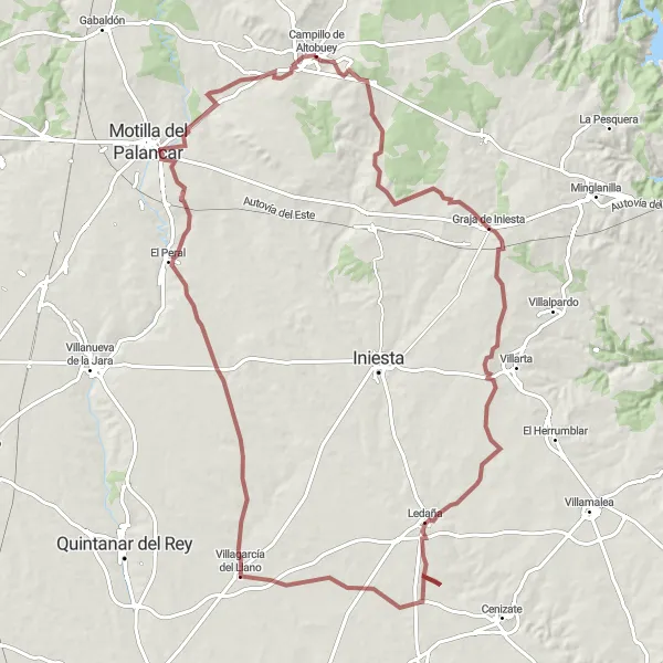 Miniatua del mapa de inspiración ciclista "Ruta de Gravel de Campillo a Motilla" en Castilla-La Mancha, Spain. Generado por Tarmacs.app planificador de rutas ciclistas