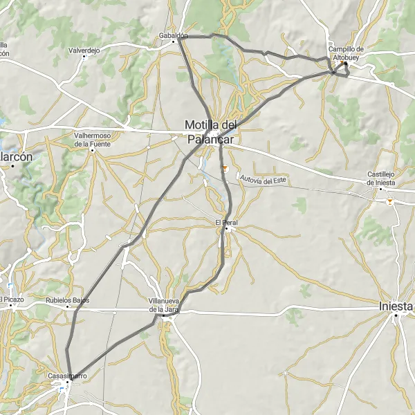 Miniatuurkaart van de fietsinspiratie "Fietsroute naar Villanueva de la Jara vanuit Campillo de Altobuey" in Castilla-La Mancha, Spain. Gemaakt door de Tarmacs.app fietsrouteplanner