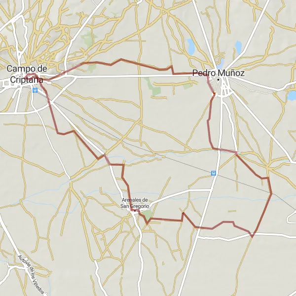 Map miniature of "Gravel Adventure to Pedro Muñoz" cycling inspiration in Castilla-La Mancha, Spain. Generated by Tarmacs.app cycling route planner