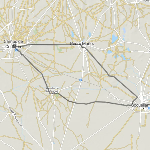 Miniatua del mapa de inspiración ciclista "Ruta de Pedro Muñoz y Arenales de San Gregorio" en Castilla-La Mancha, Spain. Generado por Tarmacs.app planificador de rutas ciclistas