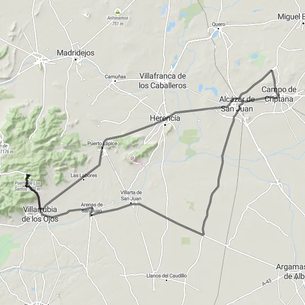 Map miniature of "Discovering Castilla-La Mancha: Alcázar de San Juan to Herencia Road Cycling Tour" cycling inspiration in Castilla-La Mancha, Spain. Generated by Tarmacs.app cycling route planner