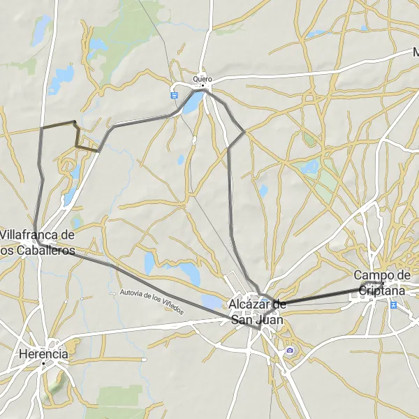 Map miniature of "Campo de Criptana Circular Road Route" cycling inspiration in Castilla-La Mancha, Spain. Generated by Tarmacs.app cycling route planner