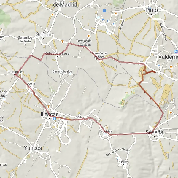Map miniature of "Torrejón de Velasco to Ugena II" cycling inspiration in Castilla-La Mancha, Spain. Generated by Tarmacs.app cycling route planner