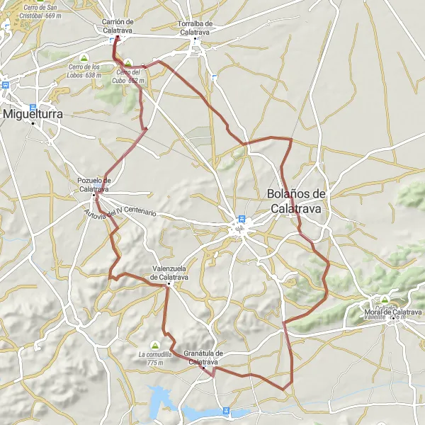 Miniatura mapy "Pełna przygód trasa Gravel Bolaños de Calatrava" - trasy rowerowej w Castilla-La Mancha, Spain. Wygenerowane przez planer tras rowerowych Tarmacs.app