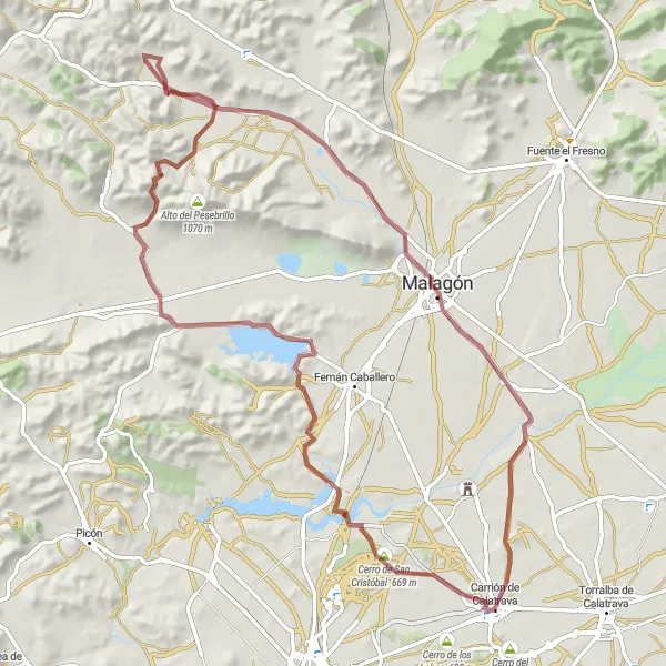 Miniatua del mapa de inspiración ciclista "Aventura en grava por Malagón" en Castilla-La Mancha, Spain. Generado por Tarmacs.app planificador de rutas ciclistas
