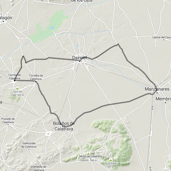 Map miniature of "Carrión de Calatrava to Daimiel" cycling inspiration in Castilla-La Mancha, Spain. Generated by Tarmacs.app cycling route planner