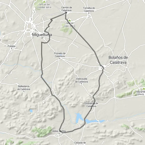 Map miniature of "Carrión de Calatrava to Cerro del Aljibe" cycling inspiration in Castilla-La Mancha, Spain. Generated by Tarmacs.app cycling route planner