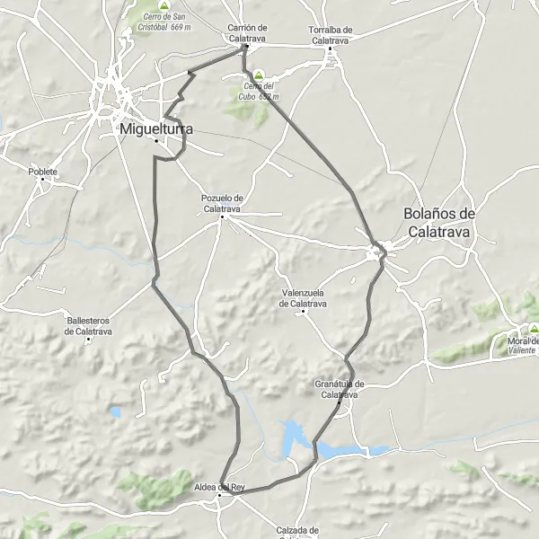 Miniatuurkaart van de fietsinspiratie "Wegroute naar Aldea del Rey" in Castilla-La Mancha, Spain. Gemaakt door de Tarmacs.app fietsrouteplanner