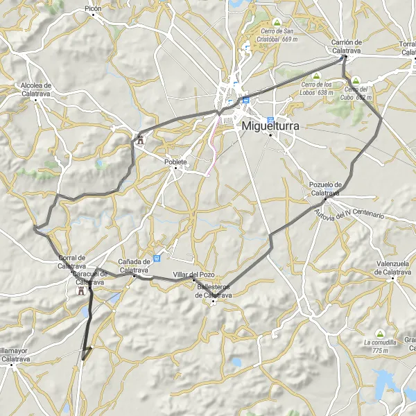 Miniatura mapy "Trasa przez malownicze tereny Castilla-La Mancha" - trasy rowerowej w Castilla-La Mancha, Spain. Wygenerowane przez planer tras rowerowych Tarmacs.app