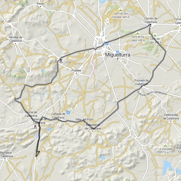 Map miniature of "Castles and Countryside" cycling inspiration in Castilla-La Mancha, Spain. Generated by Tarmacs.app cycling route planner