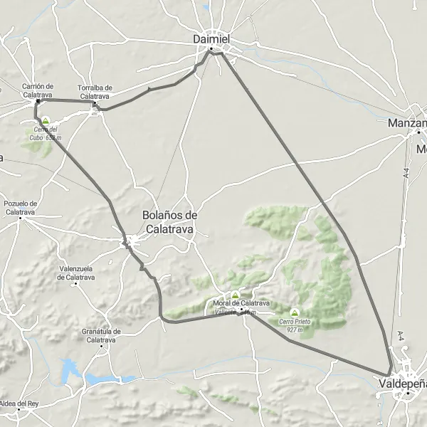 Map miniature of "Calatrava's Insightful Loop" cycling inspiration in Castilla-La Mancha, Spain. Generated by Tarmacs.app cycling route planner