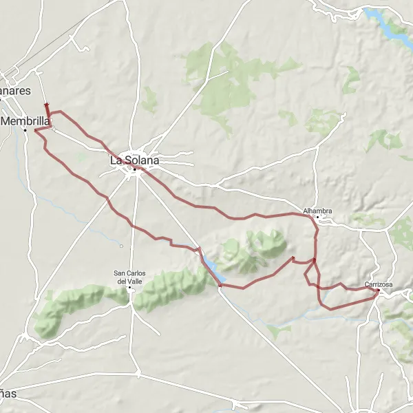 Miniatuurkaart van de fietsinspiratie "Rondrit van Carrizosa naar La Solana" in Castilla-La Mancha, Spain. Gemaakt door de Tarmacs.app fietsrouteplanner