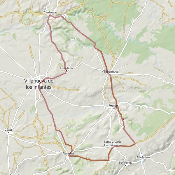 Miniatuurkaart van de fietsinspiratie "Gravelroute met pittoreske dorpen" in Castilla-La Mancha, Spain. Gemaakt door de Tarmacs.app fietsrouteplanner