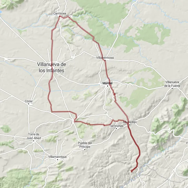 Map miniature of "Challenging gravel ride to Albaladejo and Almedina" cycling inspiration in Castilla-La Mancha, Spain. Generated by Tarmacs.app cycling route planner