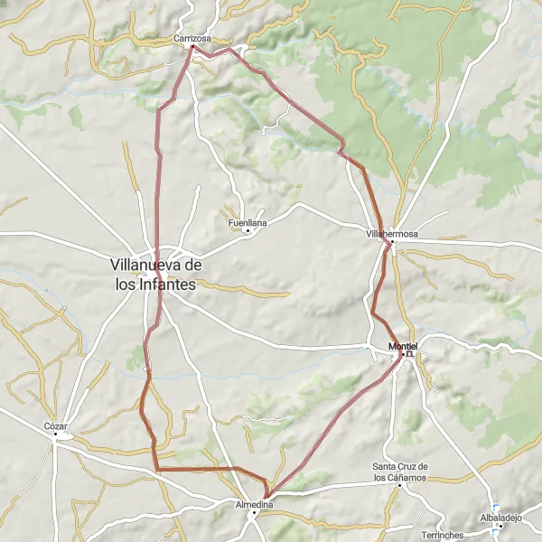 Map miniature of "Scenic gravel route through Villahermosa and Almedina" cycling inspiration in Castilla-La Mancha, Spain. Generated by Tarmacs.app cycling route planner