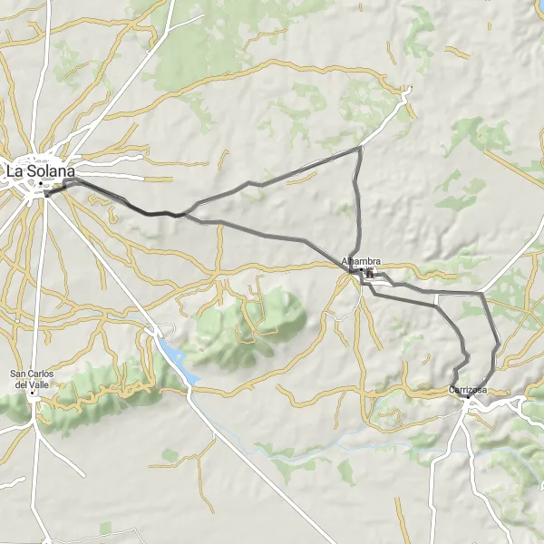 Map miniature of "Road cycling route to La Solana and Alhambra" cycling inspiration in Castilla-La Mancha, Spain. Generated by Tarmacs.app cycling route planner