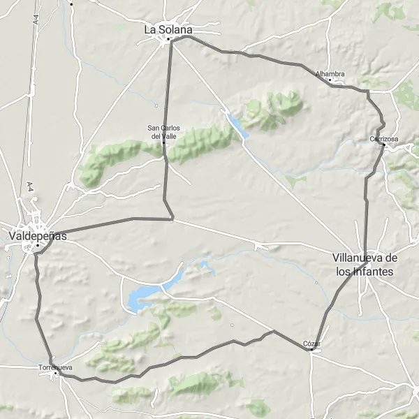 Miniatua del mapa de inspiración ciclista "Ruta de Cózar y Alhambra" en Castilla-La Mancha, Spain. Generado por Tarmacs.app planificador de rutas ciclistas