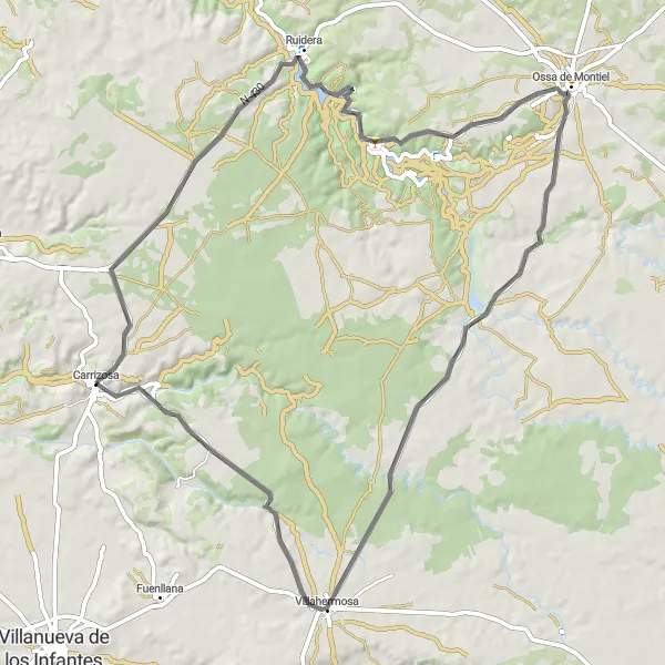 Miniatua del mapa de inspiración ciclista "Ruta de las Lagunas de Ruidera y la Cascada del Hundimiento" en Castilla-La Mancha, Spain. Generado por Tarmacs.app planificador de rutas ciclistas