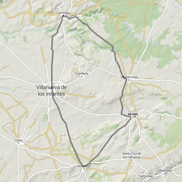 Map miniature of "Scenic Loop to Almedina" cycling inspiration in Castilla-La Mancha, Spain. Generated by Tarmacs.app cycling route planner