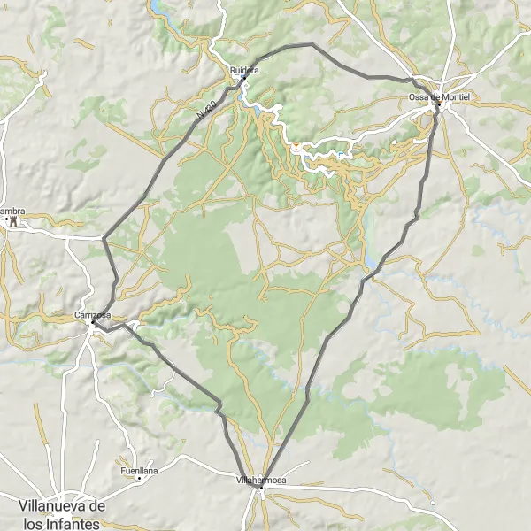 Map miniature of "Route around Ruidera and Ossa de Montiel" cycling inspiration in Castilla-La Mancha, Spain. Generated by Tarmacs.app cycling route planner