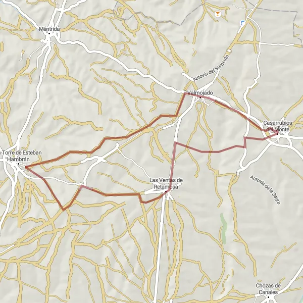 Miniatuurkaart van de fietsinspiratie "Korte gravelroute naar Las Ventas de Retamosa" in Castilla-La Mancha, Spain. Gemaakt door de Tarmacs.app fietsrouteplanner