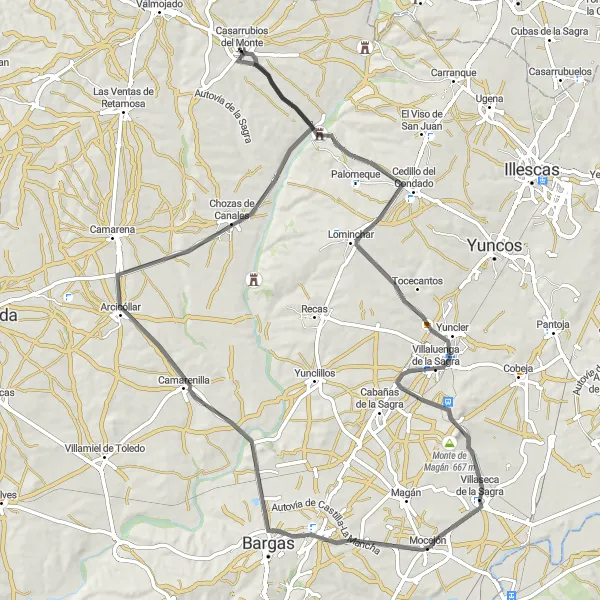 Miniatura mapy "Przez lokalne atrakcje" - trasy rowerowej w Castilla-La Mancha, Spain. Wygenerowane przez planer tras rowerowych Tarmacs.app