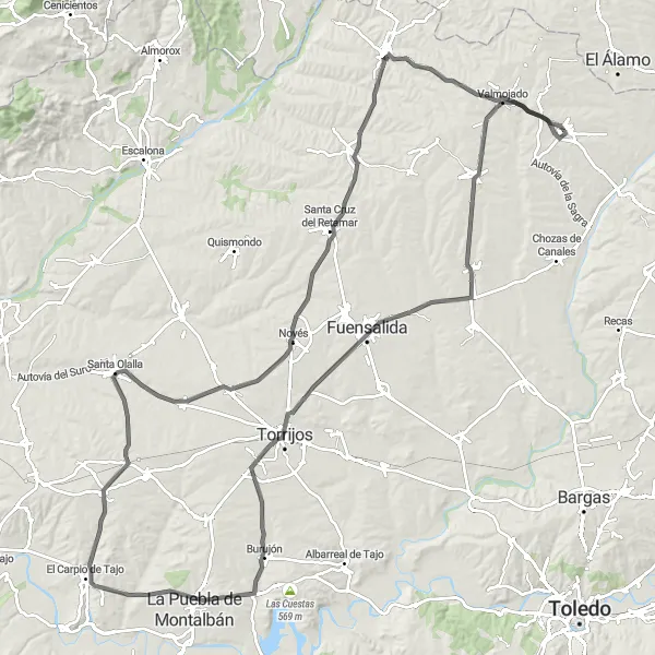 Miniatua del mapa de inspiración ciclista "Ruta de carretera por Las Ventas de Retamosa, Fuensalida, Burujón y Caudilla" en Castilla-La Mancha, Spain. Generado por Tarmacs.app planificador de rutas ciclistas