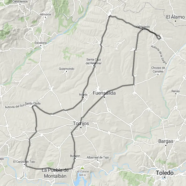 Map miniature of "The Majestic Landmarks Ride" cycling inspiration in Castilla-La Mancha, Spain. Generated by Tarmacs.app cycling route planner