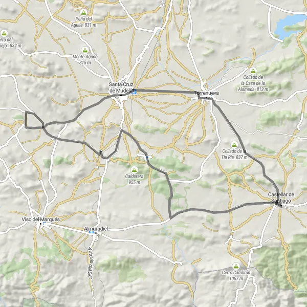 Map miniature of "Castellar de Santiago Loop Road Cycling Route" cycling inspiration in Castilla-La Mancha, Spain. Generated by Tarmacs.app cycling route planner