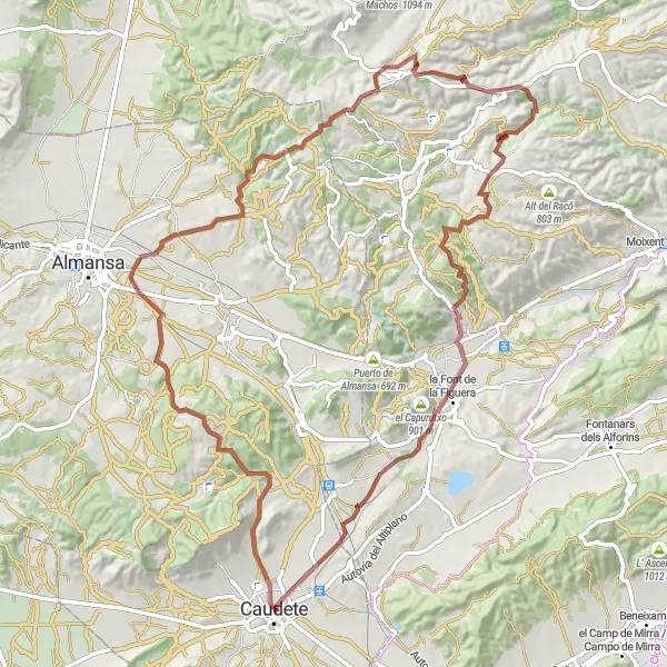 Miniatua del mapa de inspiración ciclista "Ruta de ciclismo en gravilla desde Caudete (Castilla-La Mancha, España)" en Castilla-La Mancha, Spain. Generado por Tarmacs.app planificador de rutas ciclistas