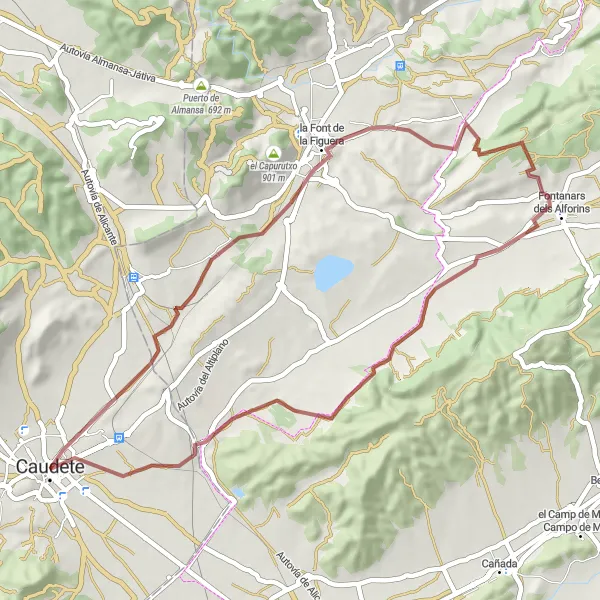 Map miniature of "Caudete Gravel Adventure" cycling inspiration in Castilla-La Mancha, Spain. Generated by Tarmacs.app cycling route planner