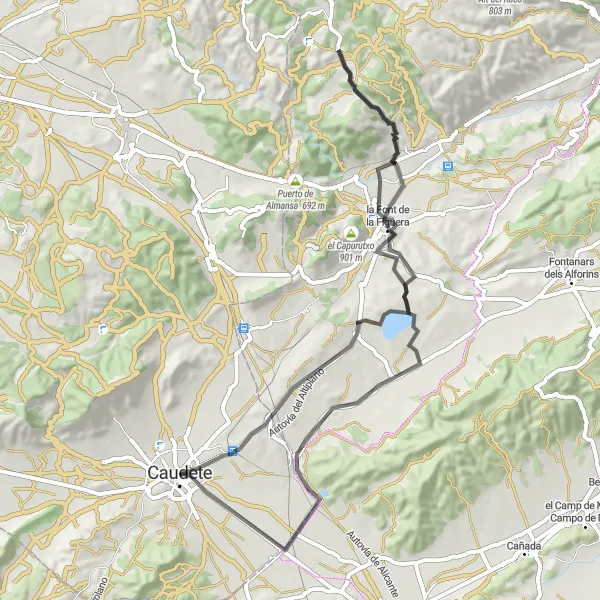 Miniatuurkaart van de fietsinspiratie "Caudete - La Balseta Pijirri - Moleta del Fraile - Font de la Figuera" in Castilla-La Mancha, Spain. Gemaakt door de Tarmacs.app fietsrouteplanner