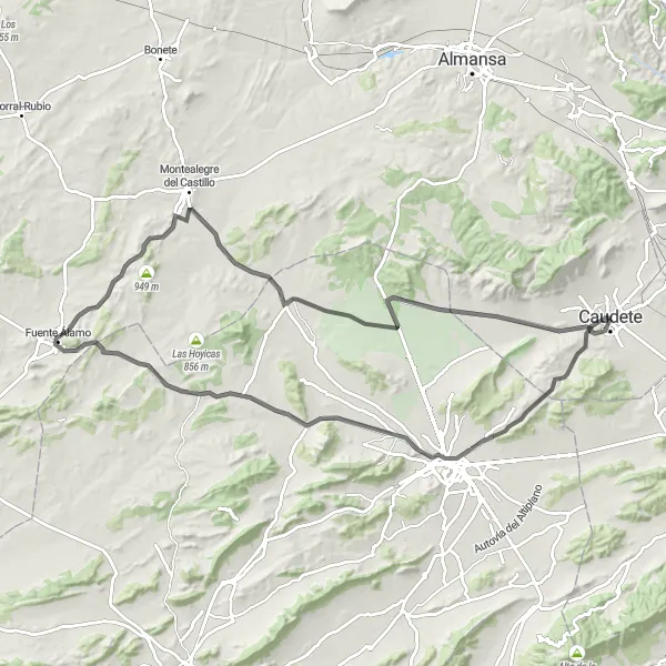 Miniatua del mapa de inspiración ciclista "Circuito de ciclismo de carretera desde Caudete" en Castilla-La Mancha, Spain. Generado por Tarmacs.app planificador de rutas ciclistas