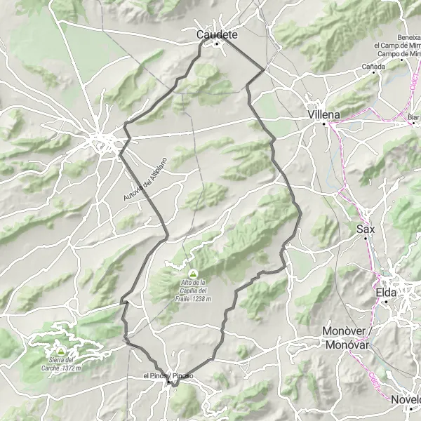 Miniatua del mapa de inspiración ciclista "Ruta de ciclismo por carretera desde Caudete" en Castilla-La Mancha, Spain. Generado por Tarmacs.app planificador de rutas ciclistas