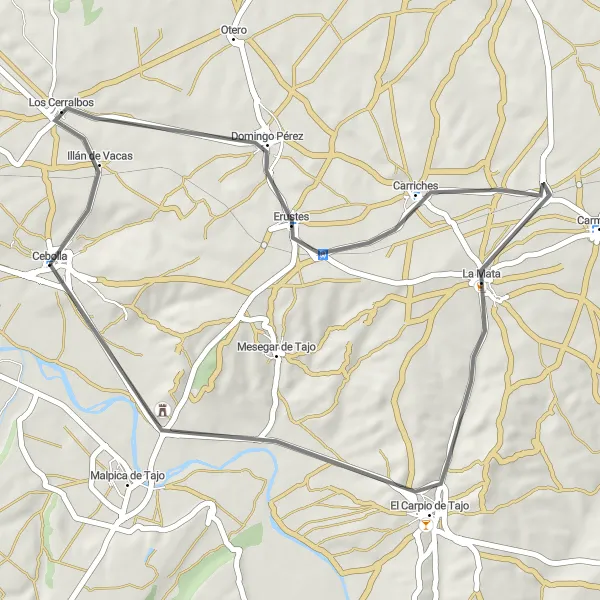 Map miniature of "Erustes and La Mata Loop" cycling inspiration in Castilla-La Mancha, Spain. Generated by Tarmacs.app cycling route planner